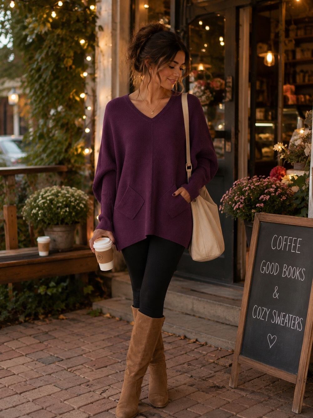 Womens Size Small V Neck Dolman Sleeve Sweater Ribbed Knit Tunic Pockets Chic